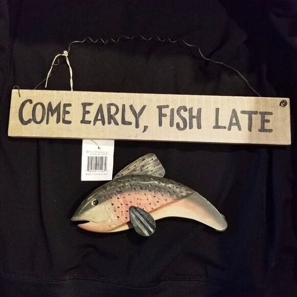 Come Early Fish Late Wooden Sign Wall Plaque Fisherman Fathers Day Man Cave - Picture 1 of 5